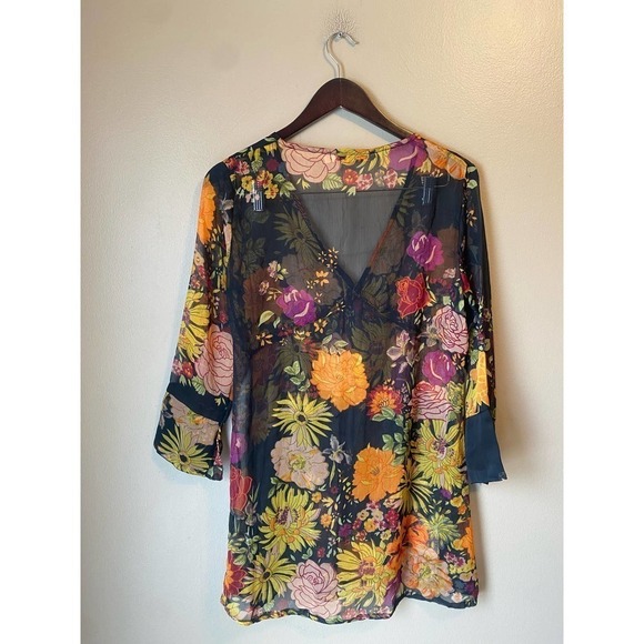 Vintage Y2K Boho Lemon Collection Floral Sheer Deep V Mini Dress Swim coverup - Picture 10 of 16